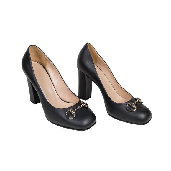 GUCCI Black Miro Soft Horsebit Pumps Block Heel Square Toe Womens EU 37.5 US 7.5 - Picture 1 of 12